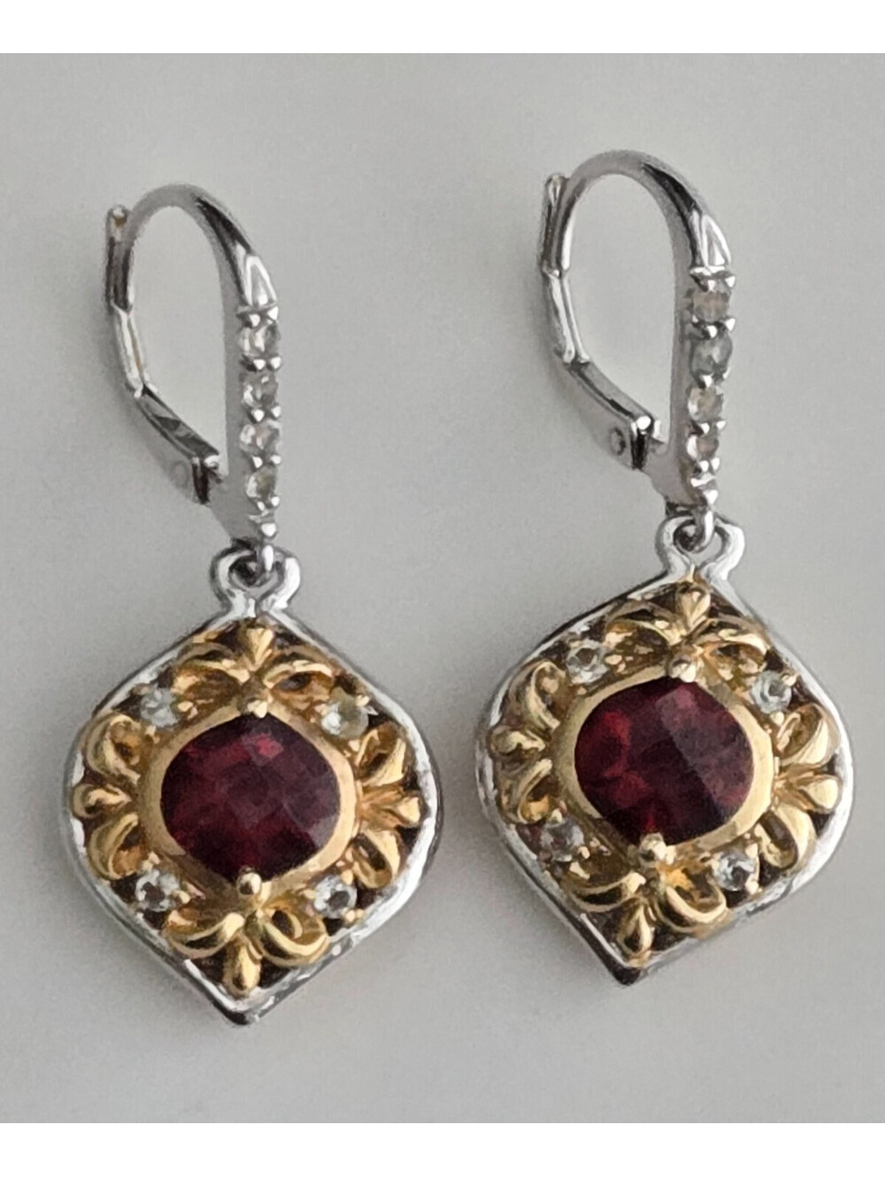 Vintage 925 Sterling Silver w/Gold Plated Accents Red Garnet CZ Drop Earrings
